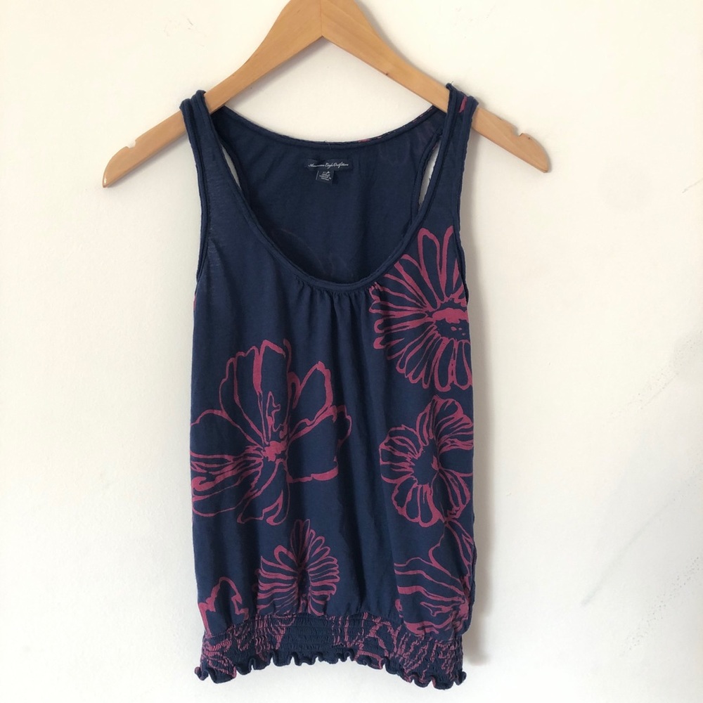 American Eagle Hawaiian Floral Smocked Navy Tank